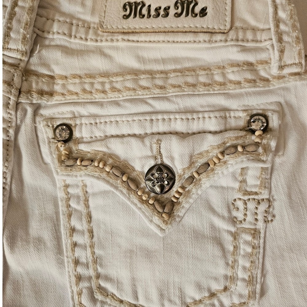 Miss Me Western Boho Y2k White Skinny Jeans with Wooden Beaded Pockets Size 27